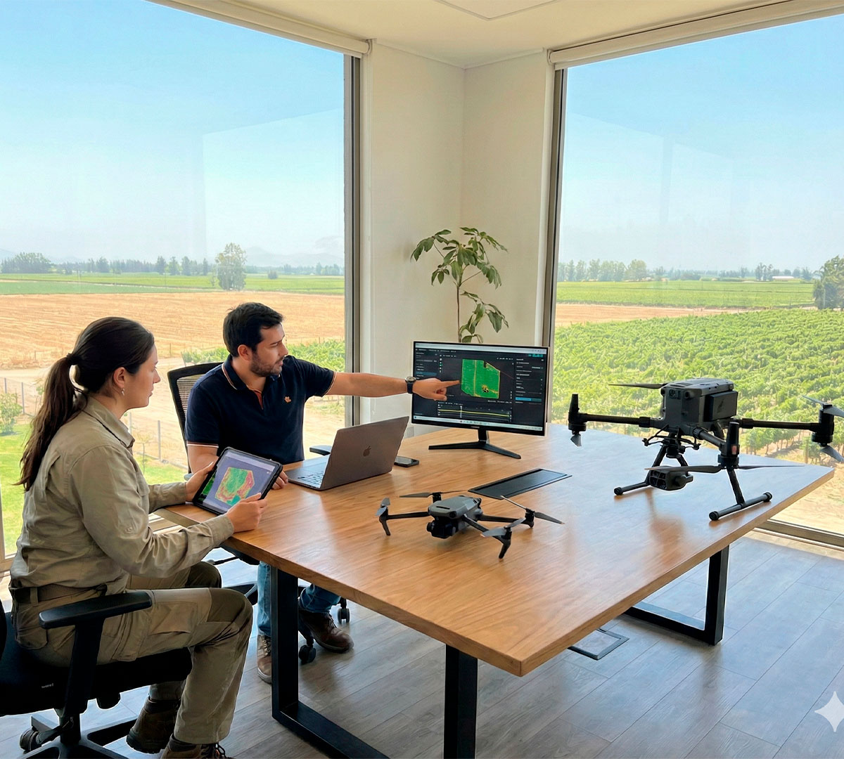 Consultor técnico brindando asesoría experta en tecnología agrícola a un agricultor en un campo de cultivo, revisando mapas de calor NDVI en una tablet mientras un drone de monitoreo sobrevuela el viñedo.