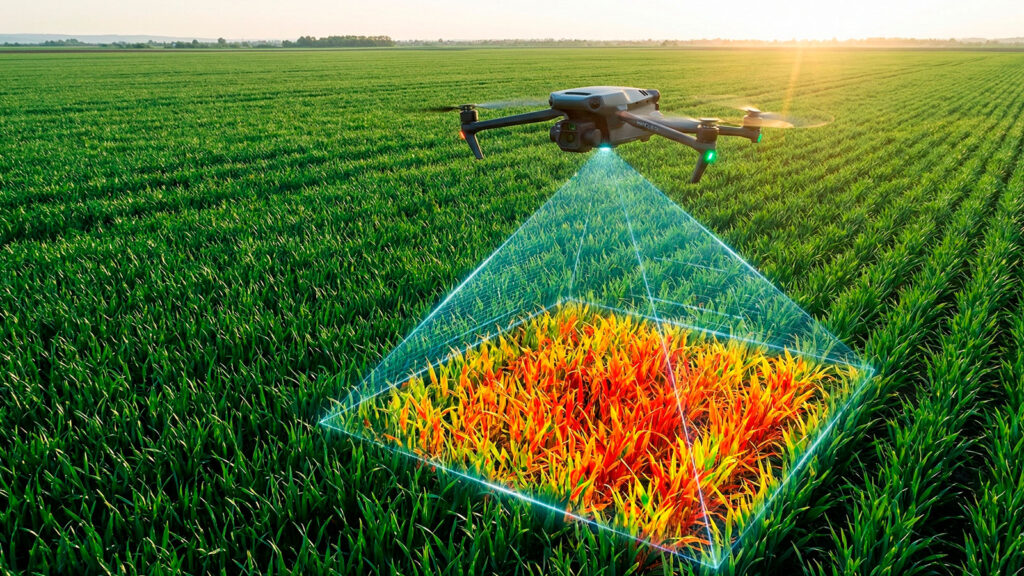 Drone agrícola profesional volando sobre un campo verde, proyectando un escáner digital que revela un mapa de calor rojo y naranja indicando zonas de estrés hídrico invisible a simple vista. Drone agrícola profesional volando sobre un campo verde, proyectando un escáner digital que revela un mapa de calor rojo y naranja indicando zonas de estrés hídrico invisible a simple vista.