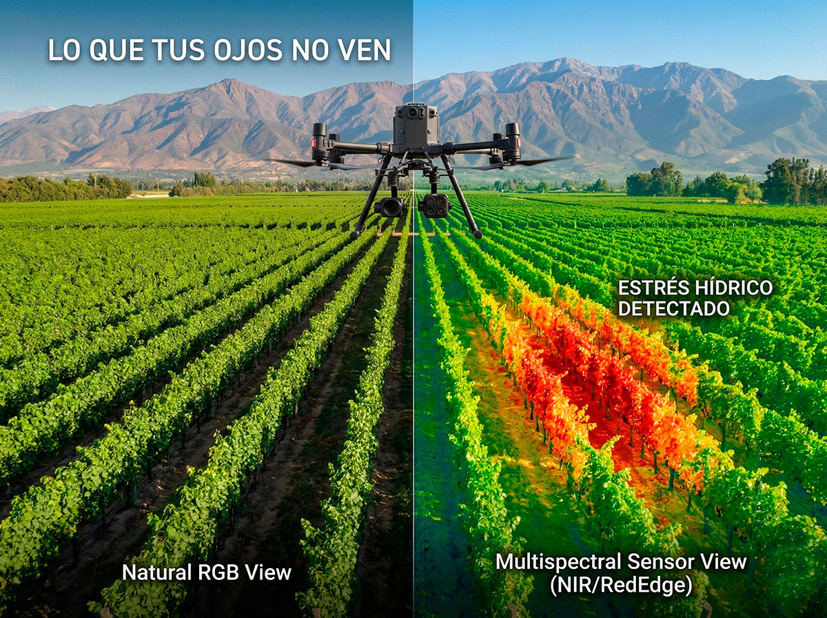 Vista dividida de un viñedo en Chile inspeccionado por drone: a la izquierda visión normal verde, a la derecha mapa de calor multiespectral (NDVI) revelando zonas rojas de estrés hídrico invisible.