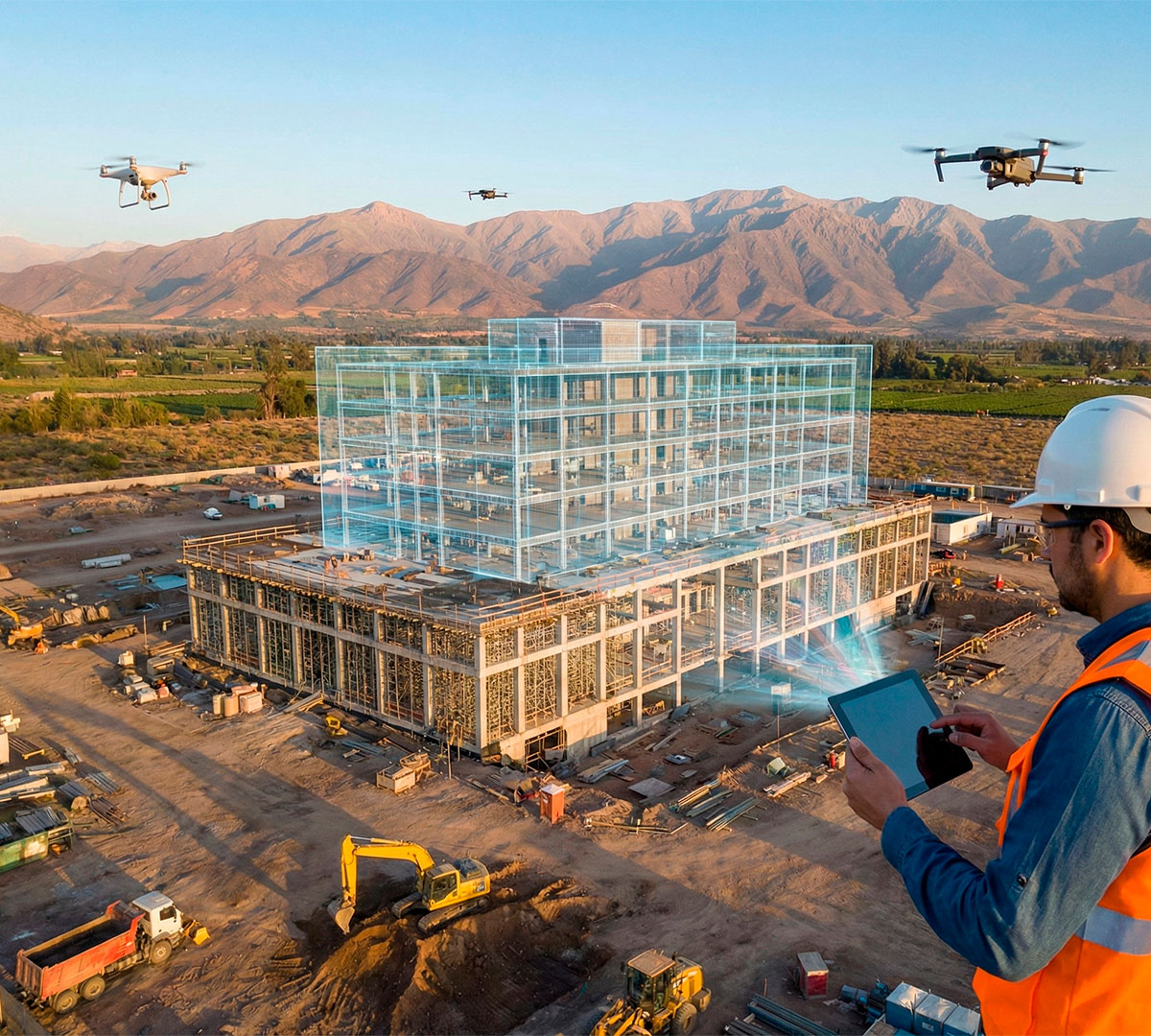 Ingeniero en obra con tablet visualizando gemelo digital holográfico de edificio y drones en Chile.