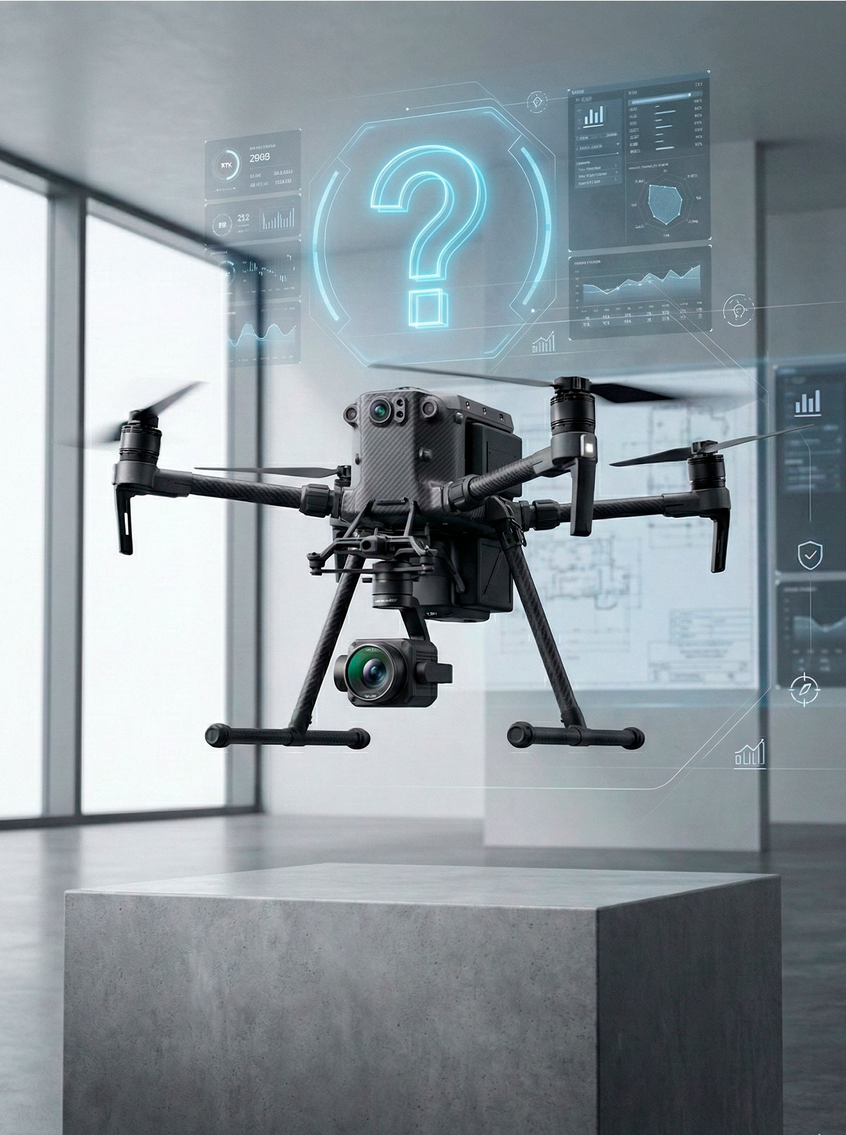 Drone industrial profesional con signo de interrogación 3D para la sección de Preguntas Frecuentes y soporte.