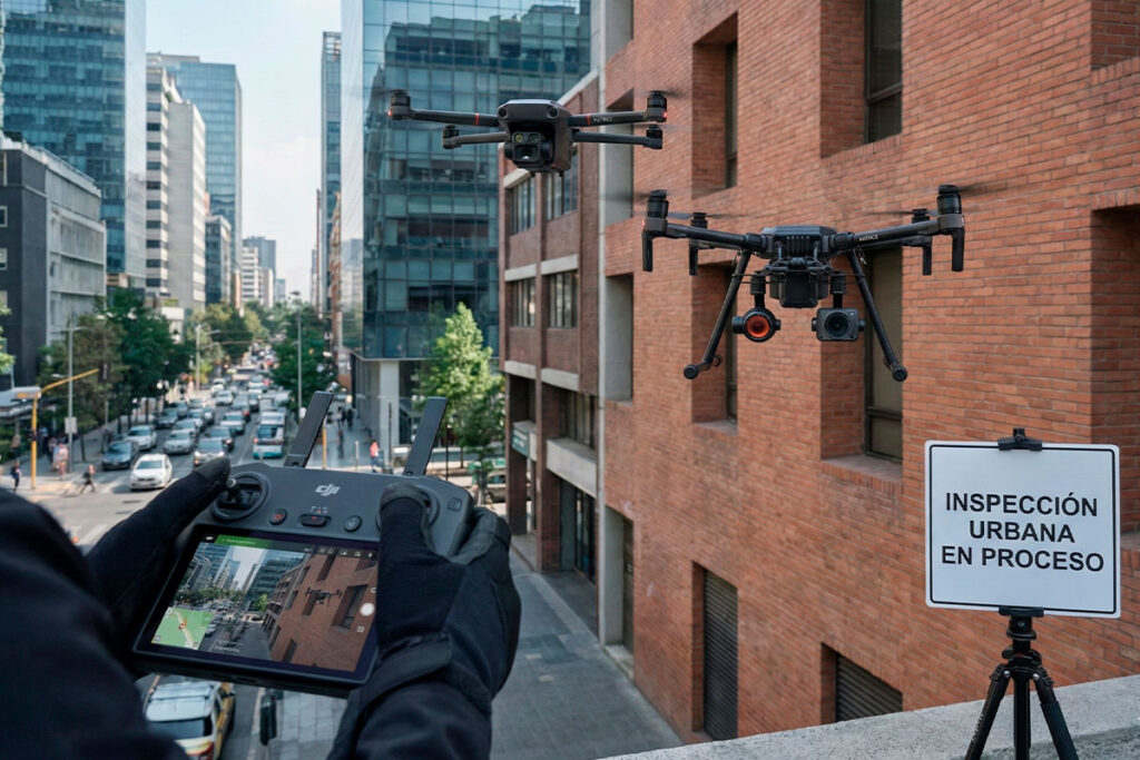 Drones DJI Matrice 4E y 4T realizando inspección urbana en fachada de edificio mientras operador controla desde terraza. Drones DJI Matrice 4E y 4T realizando inspección urbana en fachada de edificio mientras operador controla desde terraza.