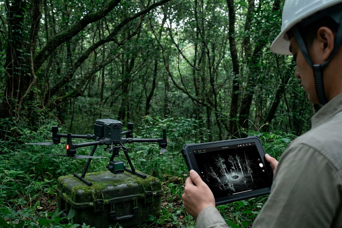 Sensor LiDAR Zenmuse L2 en operación de campo mostrando limitaciones en vegetación densa.