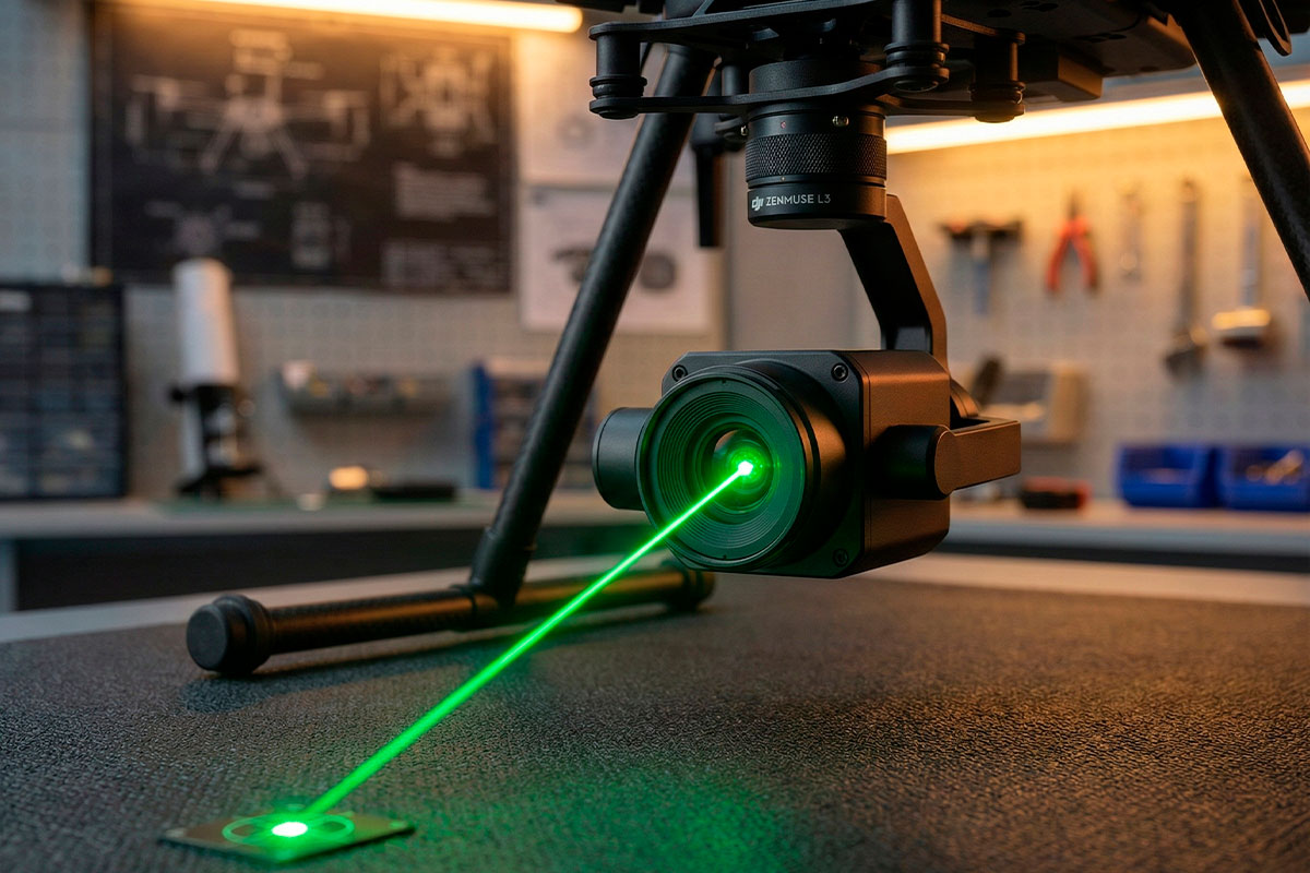 Haz láser del sensor Zenmuse L3 penetrando vegetación densa con baja divergencia y alta precisión.
