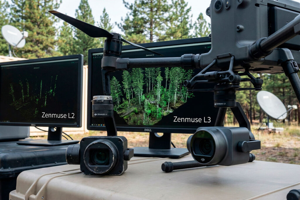Comparativa lado a lado de sensores LiDAR Zenmuse L2 vs L3 y la diferencia en densidad de sus nubes de puntos en bosque. Comparativa lado a lado de sensores LiDAR Zenmuse L2 vs L3 y la diferencia en densidad de sus nubes de puntos en bosque.
