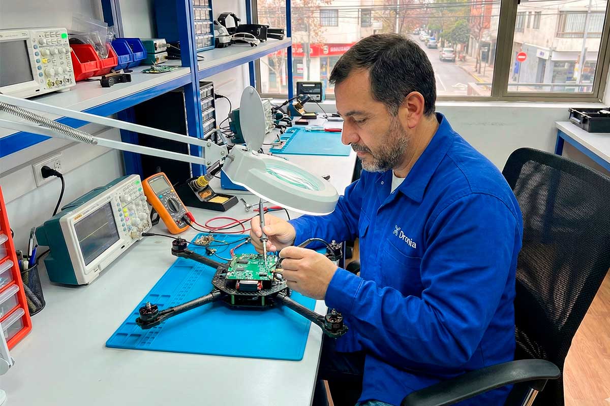 Técnico especializado realizando la reparación de drones de uso profesional en laboratorio.