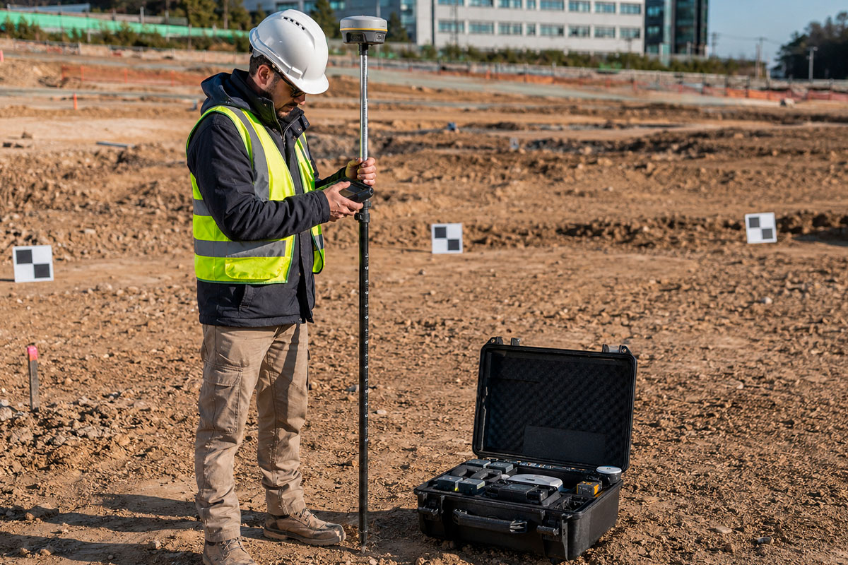 Profesional preparando un levantamiento fotogramétrico con GNSS y dron
