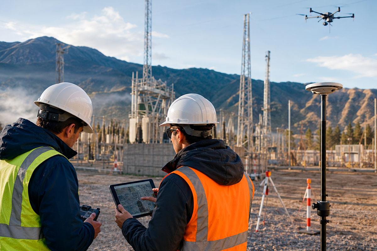 Equipo técnico planificando un programa de mantenimiento predictivo con drones RTK