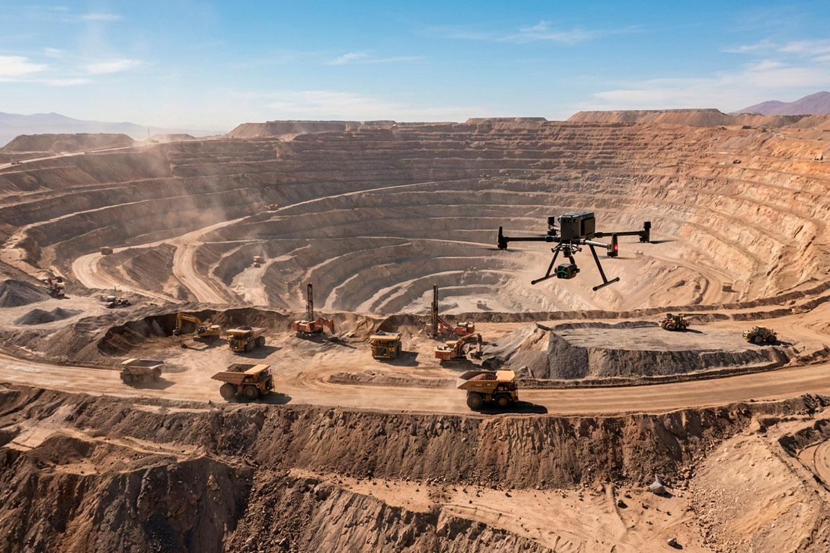 Dron industrial realizando monitoreo aéreo en una faena minera de Chile