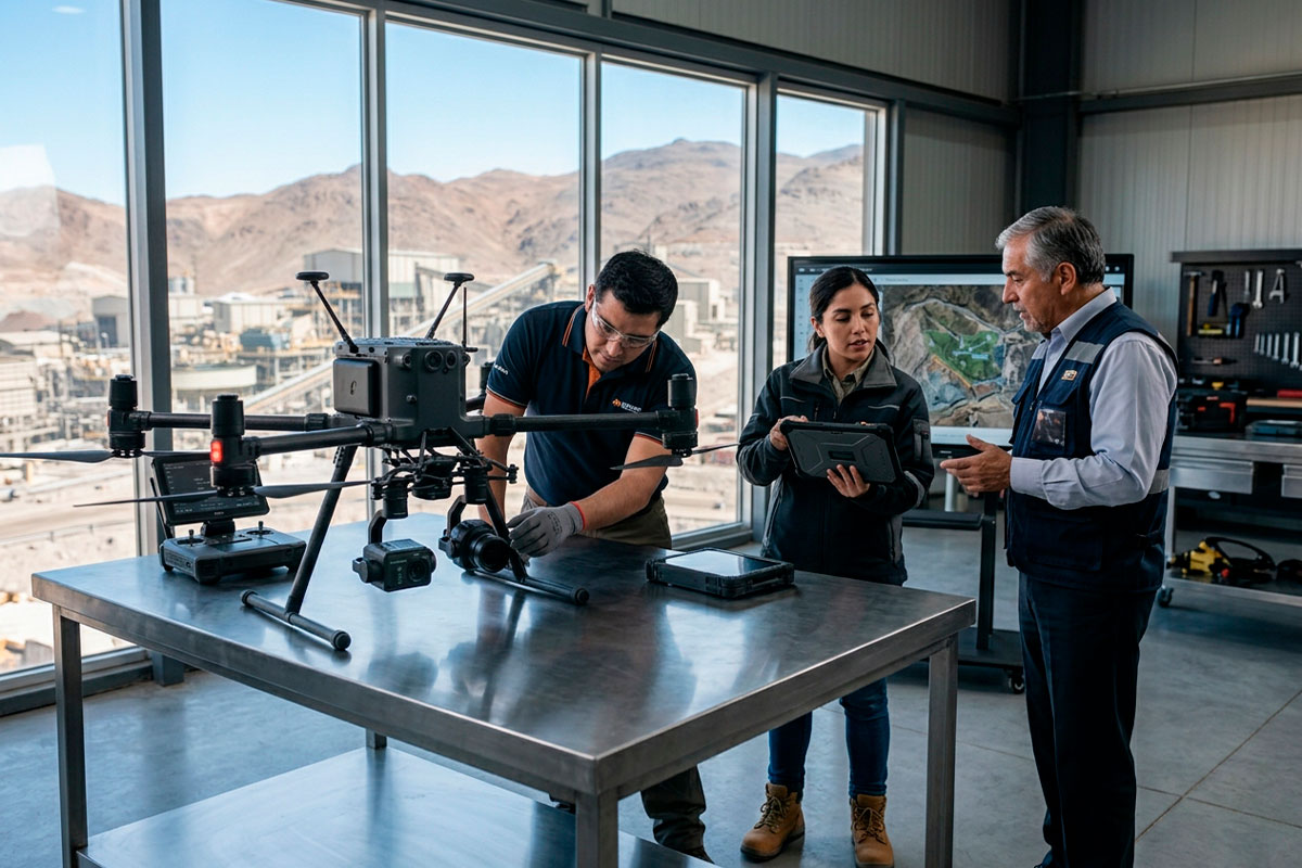 Profesionales evaluando una plataforma de drones industriales para una empresa