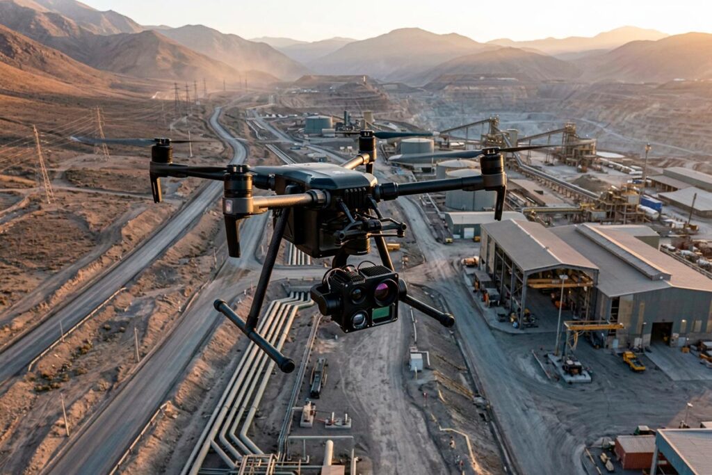 Dron industrial equipado con sensores realizando una misión de captura de datos sobre infraestructura
