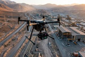 Dron industrial equipado con sensores realizando una misión de captura de datos sobre infraestructura